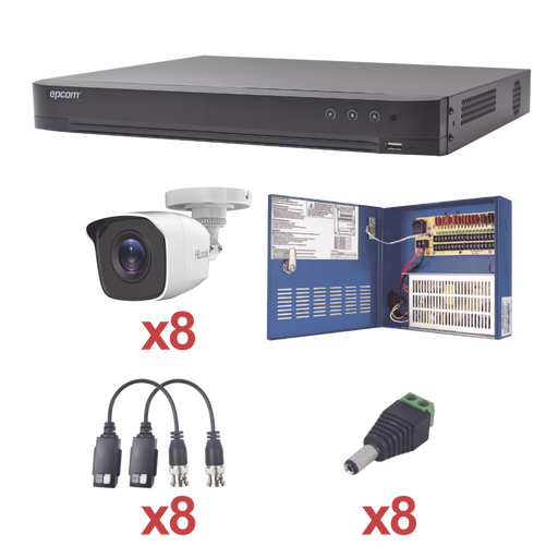 KIT TURBOHD 1080P / DVR 8 CANALES / 8 CÁMARAS BALA (EXTERIOR 2.8 MM) / TRANSCEPTORES / CONECTORES / FUENTE DE PODER PROFESIONAL HASTA 15 VCD PARA LARGA DISTANCIA-Kits Cámaras de Seguridad-EPCOM-KH1080P8BW-Bsai Seguridad & Controles